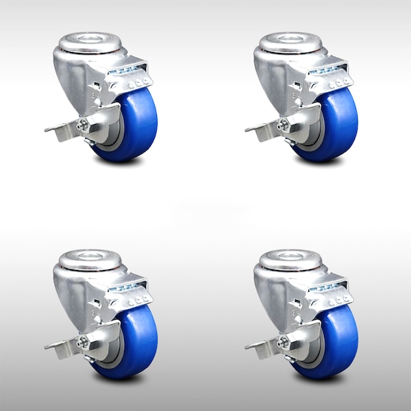 Service Caster 3.5 Inch SS Blue Polyurethane Wheel Swivel Bolt Hole Caster Set with Brake SCC SCC-SSBH20S3514-PPUB-BLUE-TLB-4 - main